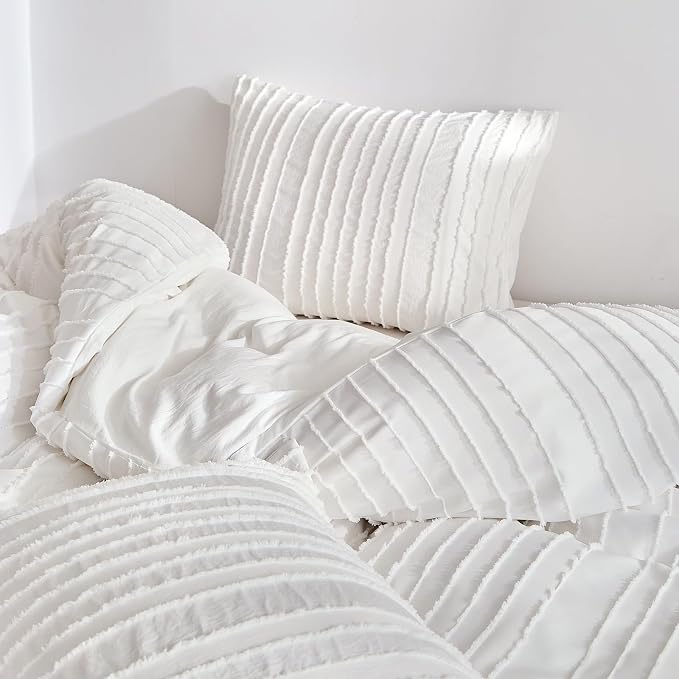 WARMDERN White Boho Duvet Cover Set Full Size, Striped Textured Duvet Cover - Image 8