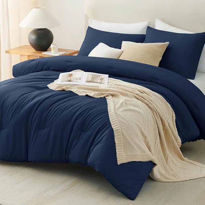 CozyLux California King Comforter Set Navy Blue, 3 Pieces Cal King Solid - Image 9