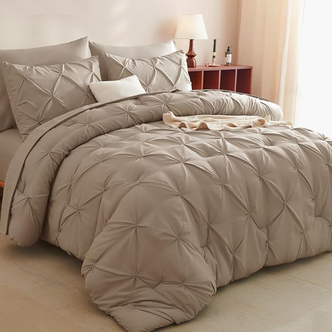 CozyLux King Size Comforter Set Khaki, 7 Pieces Pintuck Bed in A Bag Khaki by CozyLux