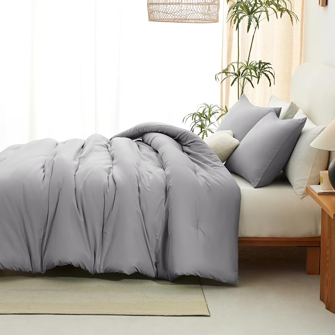 CozyLux Queen Comforter Set Grey, 3 Pieces Solid Comforters Queen Size - Image 7