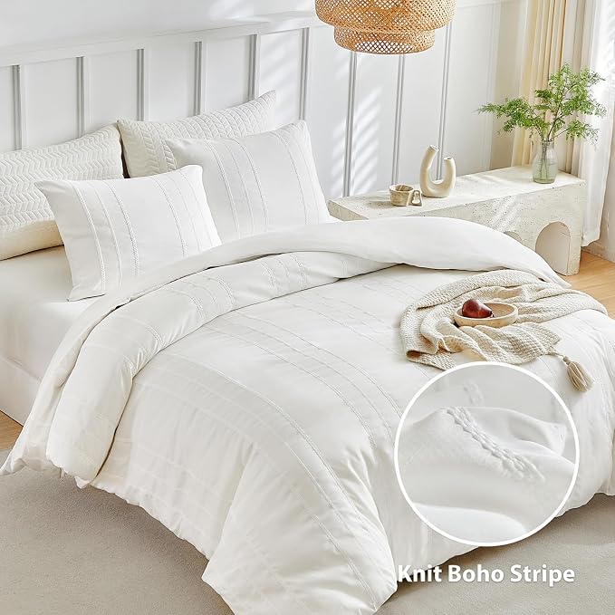 WARMDERN White Striped Weave Duvet Cover King, Boho Striped Pattern Printed - Image 2