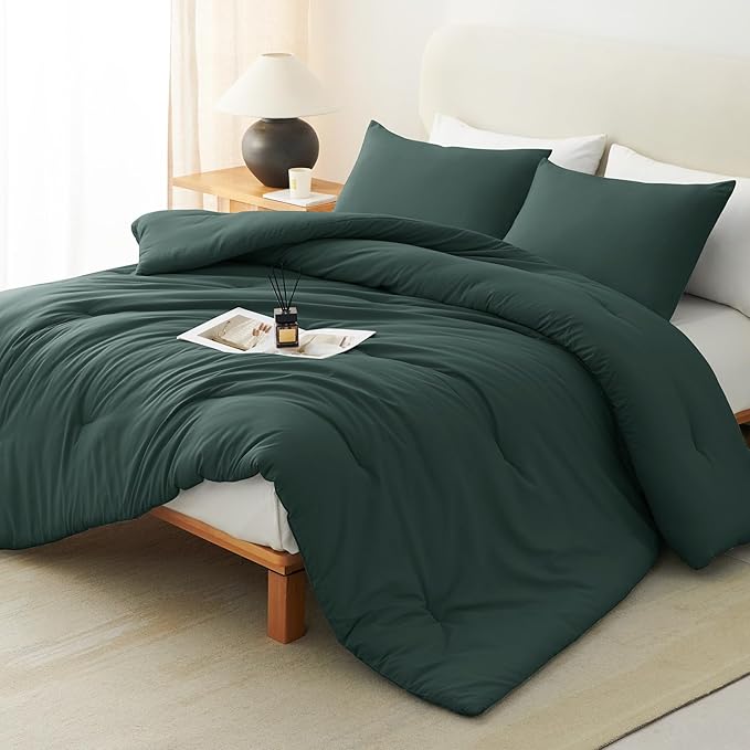 CozyLux California King Comforter Set Forest Green, 3 Pieces Cal King Solid by CozyLux