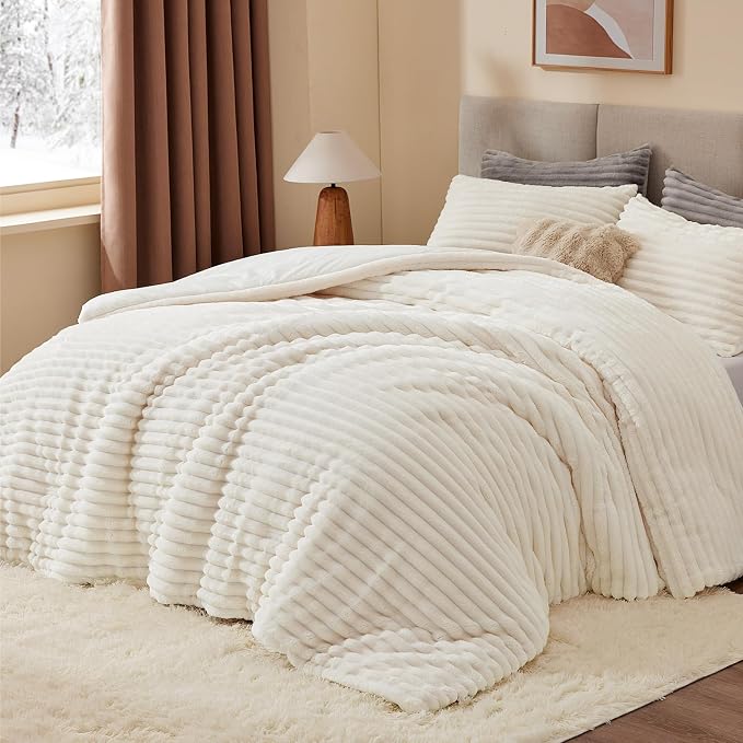 BEDELITE Fleece Full Comforter Set -Super Soft & Warm Fluffy Cream White Bedding - Image 2