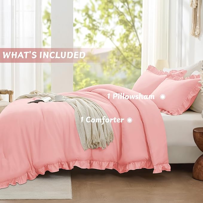 FUANNA Twin Comforter Set Pink, 2 Pieces Ruffle Twin Bed Set, Fluffy Twin - Image 7