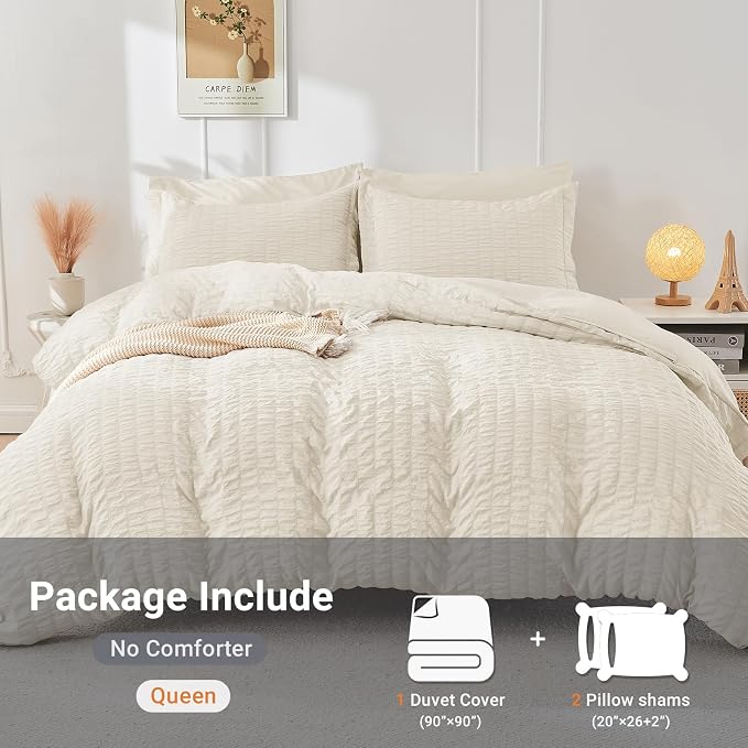 HYMOKEGE Ivory Duvet Cover Queen Size, Ultra Soft 3-Piece Seersucker Duvet - Image 4