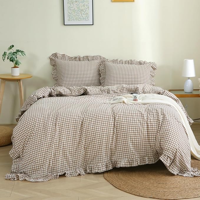 Silnuo Taupe/White Plaid Ruffle Duvet Cover Queen Size, 100% Washed Cotton 3 by Silnuo