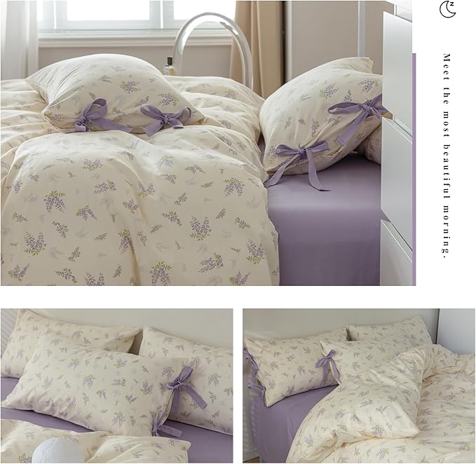 mixinni Lavender Flower Duvet Cover Queen Cotton Teenage Girls Flower Leaf - Image 5