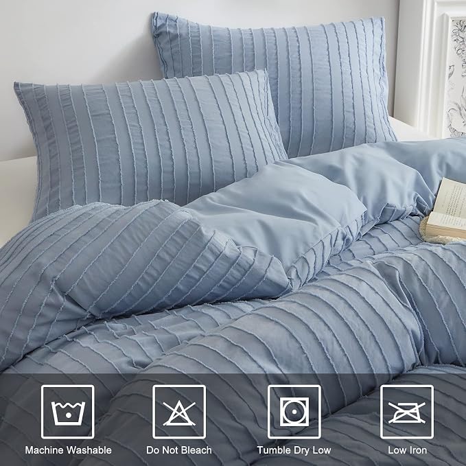 WARMDERN Blue Boho Duvet Cover Set Full Size, Striped Textured Duvet Cover - Image 4