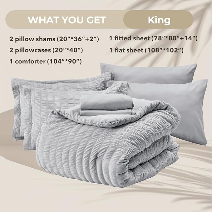 HYMOKEGE Light Grey King Size Comforter Set Seersucker 7 Pieces, All Season - Image 5
