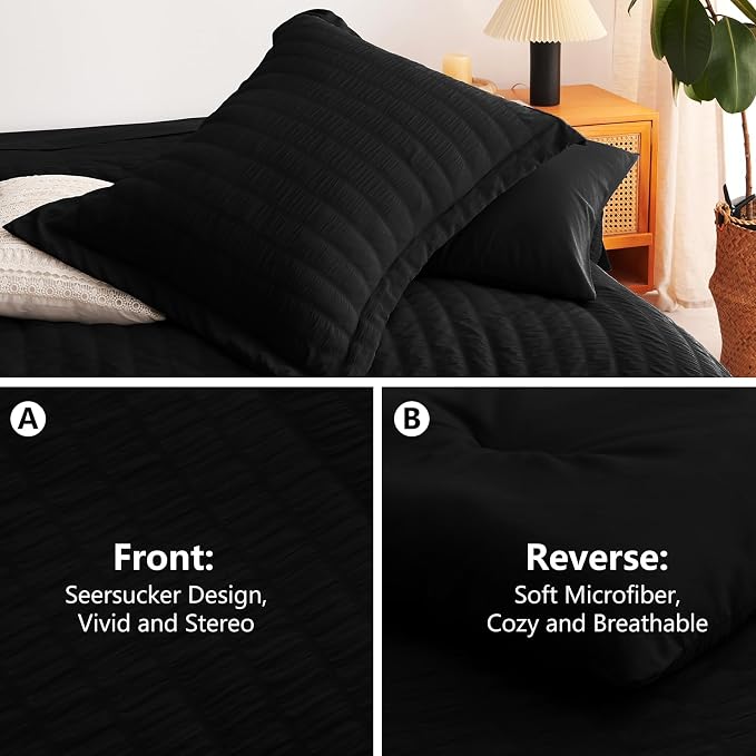 CozyLux Oversized Queen Comforter Set Black Seersucker 7 Pieces 98x98 Bed in a - Image 4