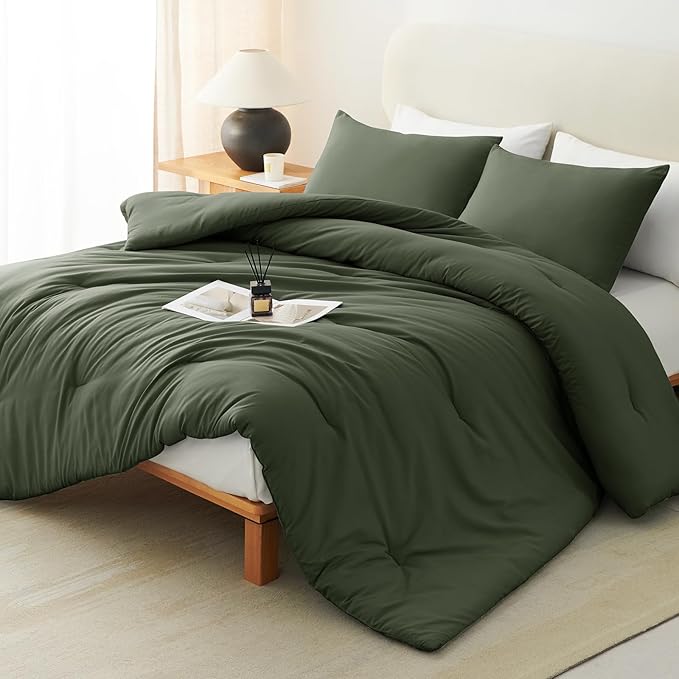 CozyLux King Size Comforter Set Dark Green, 3 Pieces Solid Comforters King Size by CozyLux