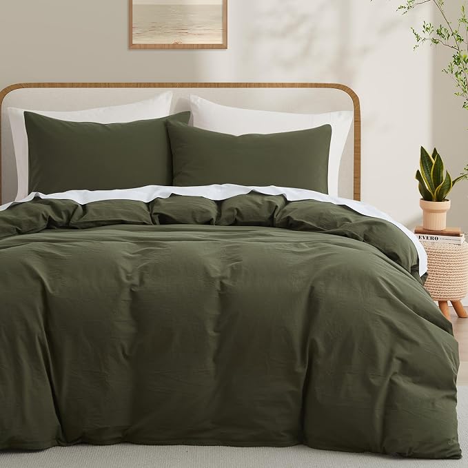 LOVQUE Olive Green Cotton Duvet Cover Queen Size, Linen Like Natural Bedding Set by LOVQUE