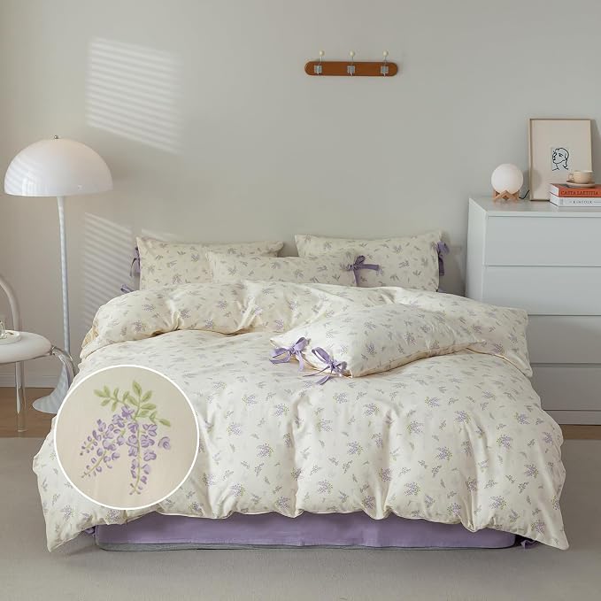 mixinni Lavender Flower Duvet Cover Queen Cotton Teenage Girls Flower Leaf - Image 2