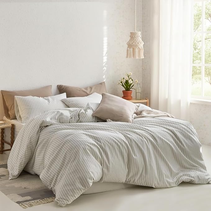Nayoroom Striped Duvet Cover Queen Size 100% Washed Cotton White Green Stripe - Image 9