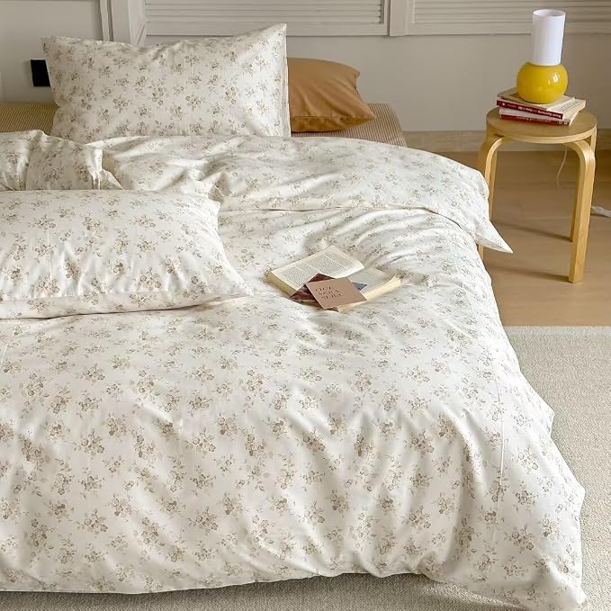 MKXI White Garden Duvet Cover Beige Floral 100% Cotton Coquette Duvet Cover by MKXI