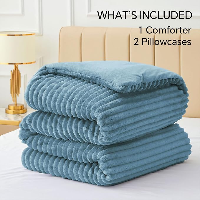 BEDELITE Fleece Oversized Queen Comforter Set -Super Soft & Warm Fluffy Blue - Image 6