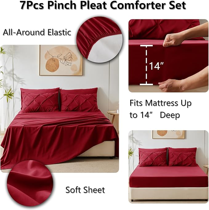 HIMEET Pintuck Bed in a Bag, 7 Pieces Queen Size Comforter Set Dark Red - Image 6