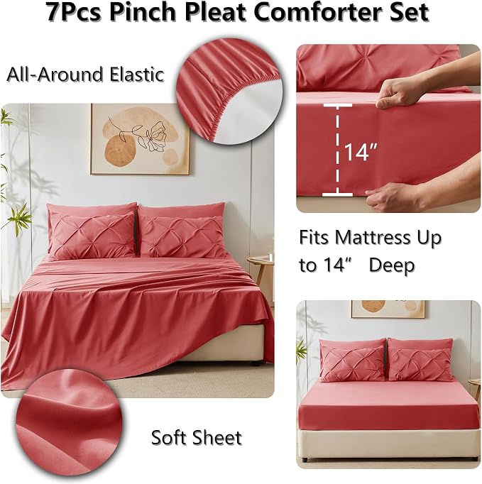 CozyLux King Size Comforter Set Coral, 7 Pieces Pintuck Bed in A Bag Coral - Image 5