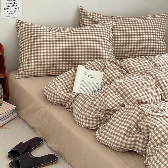 Nayoroom Brown Gingham Duvet Cover Twin Size Tan White Plaid Checkered Duvet - Image 6
