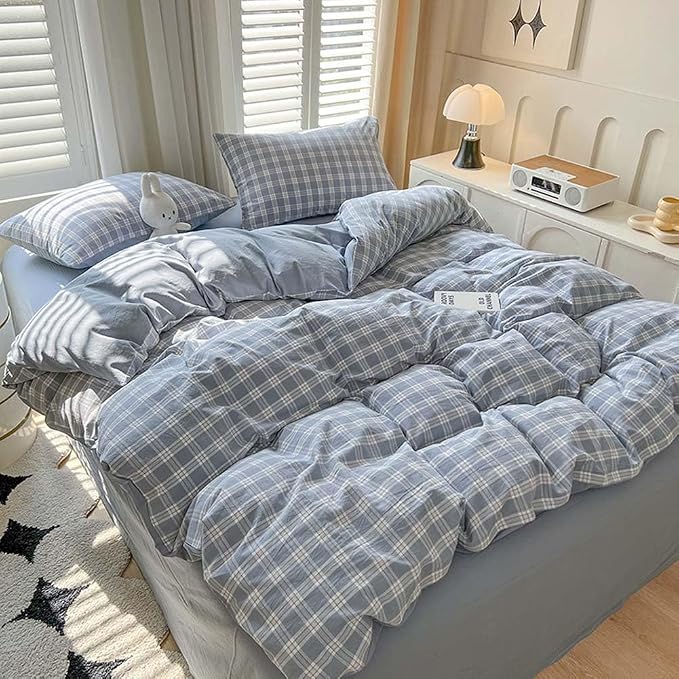 Nayoroom Plaid Duvet Cover Queen Size Blue Checkered Gingham Duvet Cover 3 Pcs - Image 3