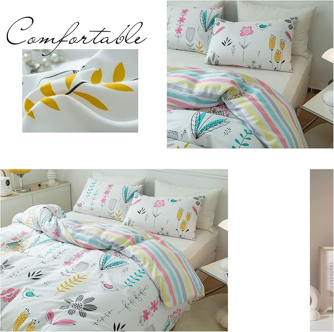 mixinni Girls Flower Leaves Pattern on White Duvet Cover Twin Size Colorful - Image 7