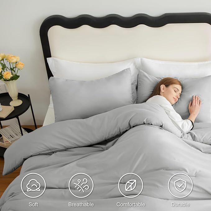 CozyLux Full Size Comforter Set Light Grey, 3 Pieces Solid Breathable Quilted - Image 5