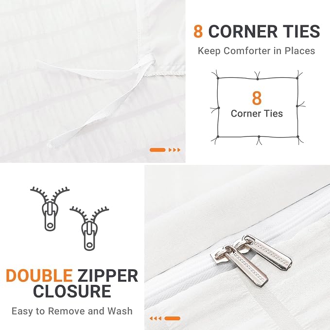 HYMOKEGE White Duvet Cover King Size, Ultra Soft 3-Piece Seersucker Duvet Cover - Image 4