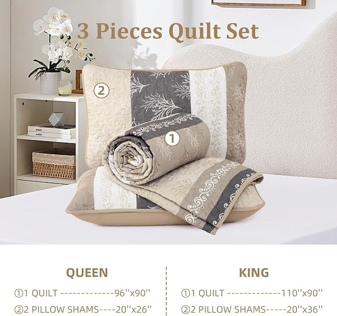 DJY Beige Quilt Set King Size Striped Bedspread Coverlet Set 3 Pieces Boho - Image 8