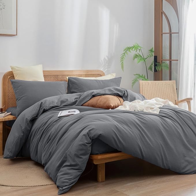 BESTOUCH Duvet Cover Set 100% Washed Cotton Linen Feel Super Soft Comfortable - Image 4