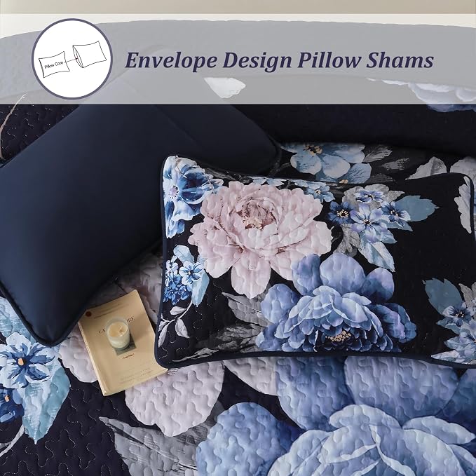 WONGS BEDDING Navy Boho Floral Quilt Set Queen, Elegant Blue Flower Bedspread - Image 5
