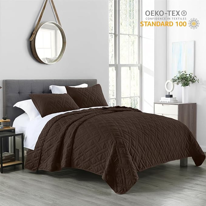 HORIMOTE HOME Quilt Set Queen Size Chocolate, Classic Geometric Diamond - Image 2