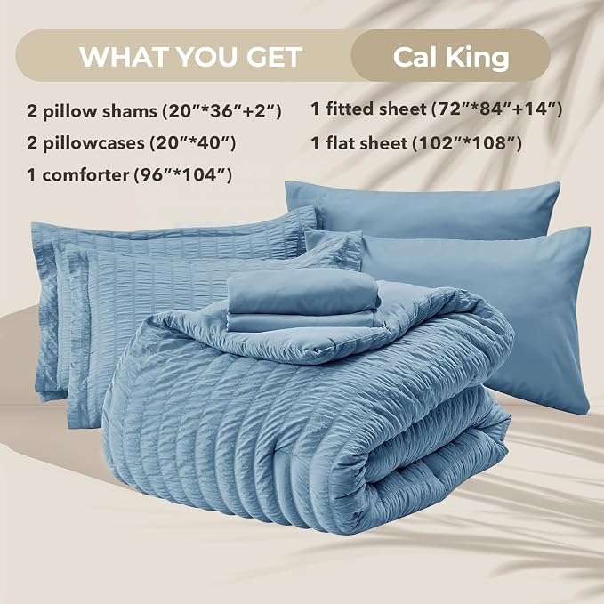 HYMOKEGE Mineral Blue California King Comforter Set Seersucker 7 Pieces - Image 5