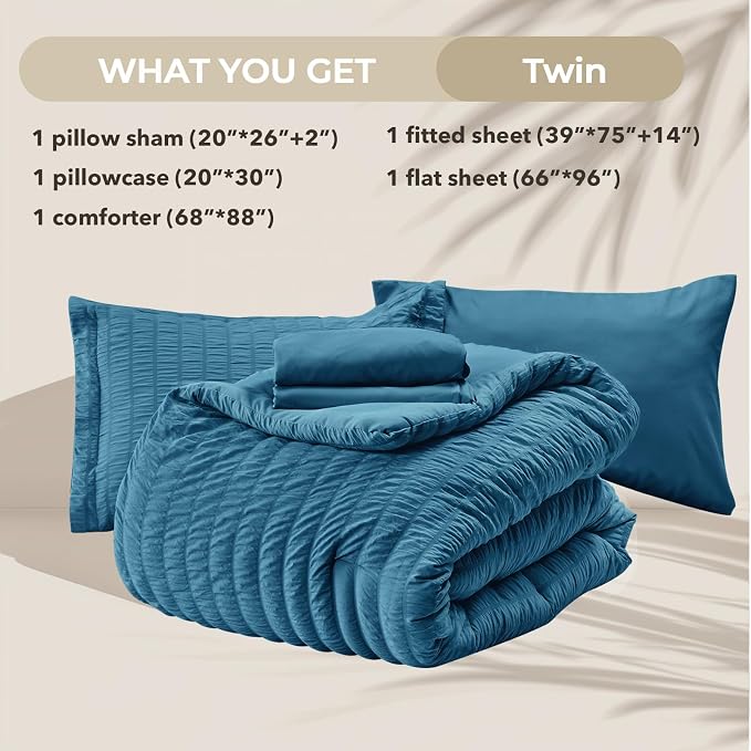 HYMOKEGE Teal Twin Comforter Set Seersucker 5 Pieces, All Season Luxury Bed in - Image 7