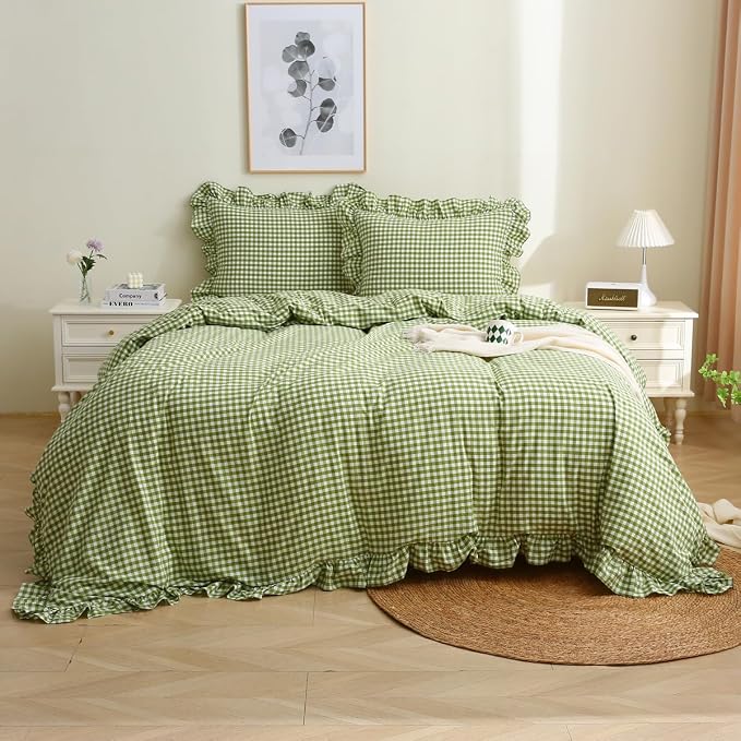 Silnuo Olive Green/White Checkered Ruffle 3-Piece Duvet Cover Set Twin Size by Silnuo