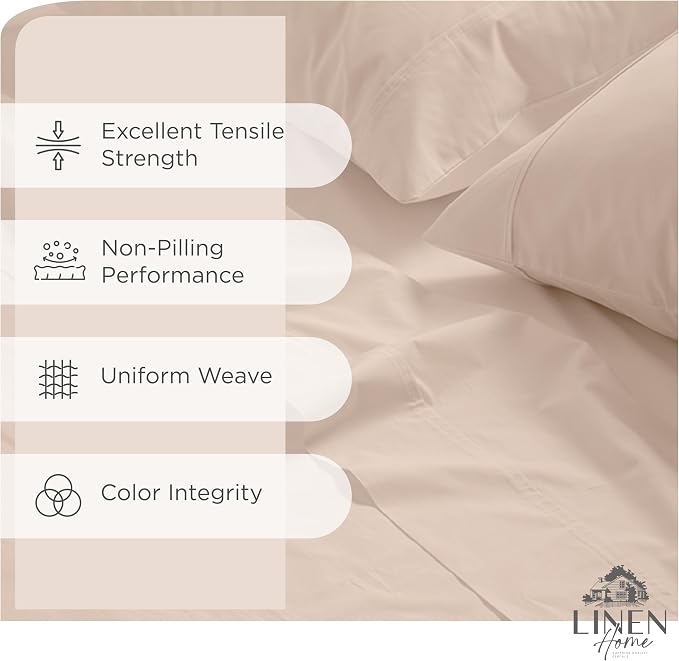 Linen Home 100% Cotton Percale Sheets Full Size, Sand Shell, Deep Pocket - Image 2