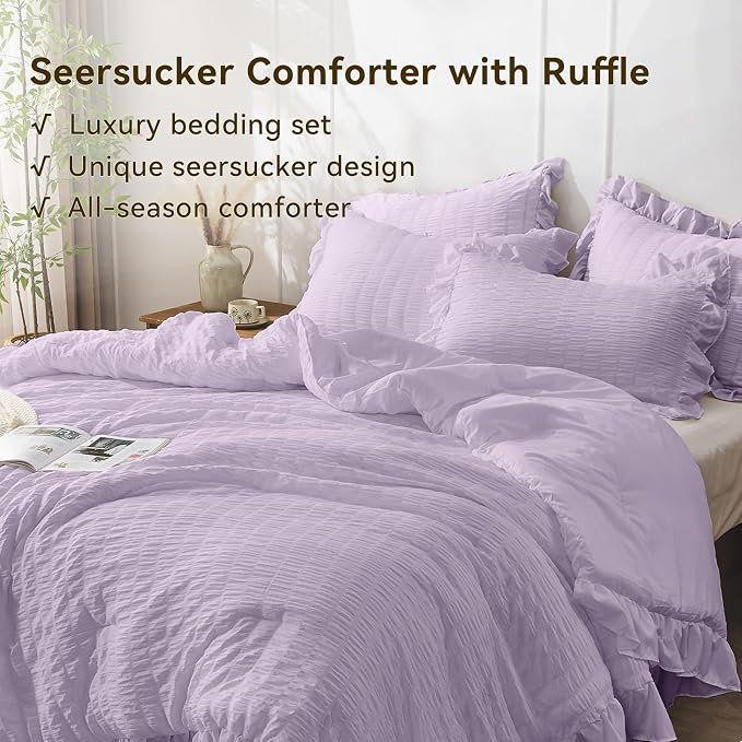 JOLLYVOGUE Lavender Queen Comforter Set, 3 Pieces Seersucker Comforters Queen - Image 4