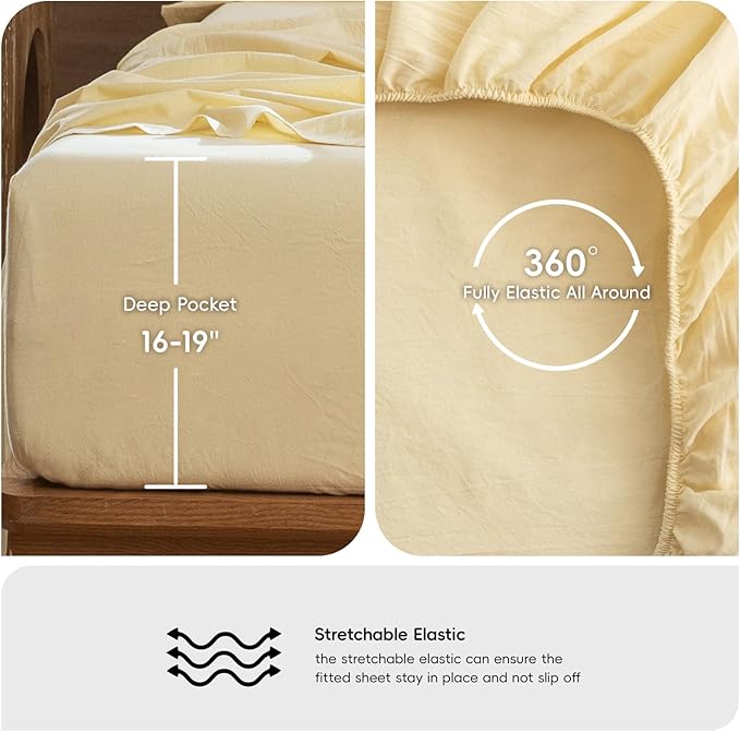 MooMee Fitted Bottom Sheet Only 100% Washed Cotton Linen Like Textured - Image 5