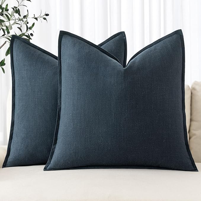 MIULEE Decorative Linen Pillow Covers 18x18 Inch Navy Blue ​Boho Farmhouse​ by MIULEE