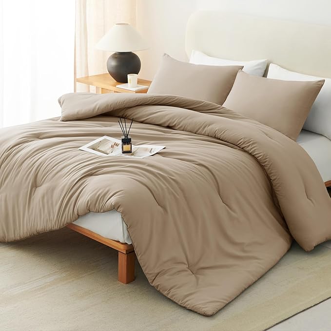 CozyLux Full Size Comforter Set Taupe, 3 Pieces Solid Breathable Quilted by CozyLux