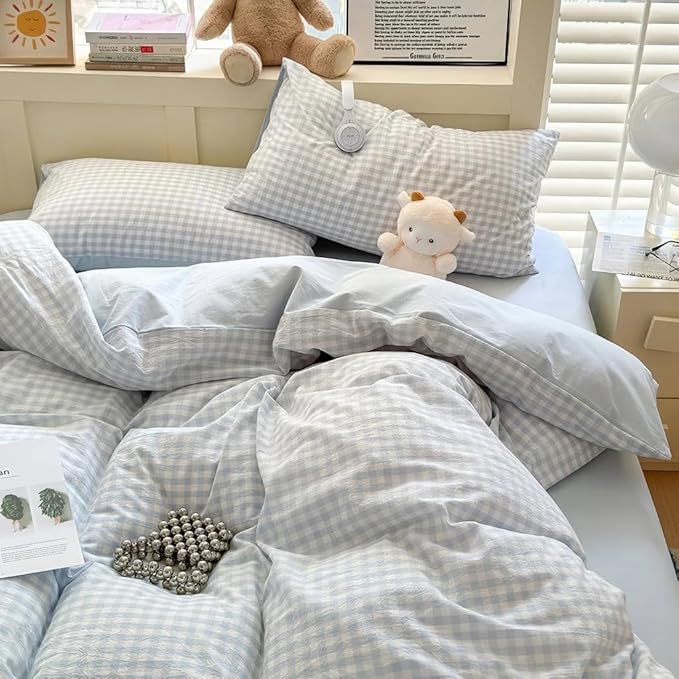 Nayoroom Blue Gingham Duvet Cover Twin Size Reversible Plaid Checkered Duvet by Nayoroom