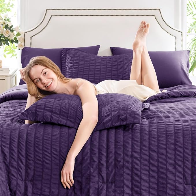 CozyLux Queen Comforter Set Purple Seersucker 7 Pieces Bed in a Bag Queen - Image 3