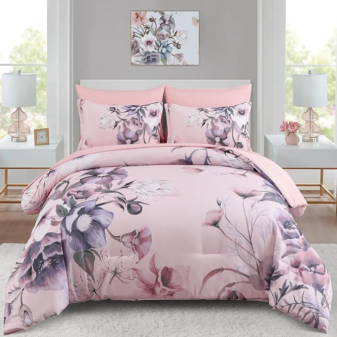 Luxudecor Floral Comforter Set Queen Size 7 Piece, Blush Pink Flower Bed in a by Luxudecor