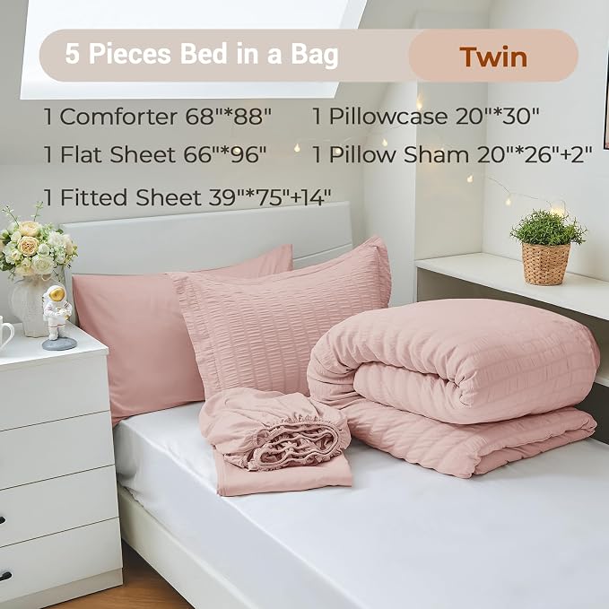 MUXHOMO 5 Pieces Twin Comforter Set, Seersucker Bed in a Bag Twin Size - Image 4