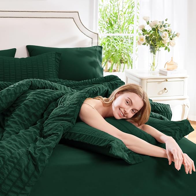 CozyLux Oversized Queen Comforter Set Emerald Green Seersucker 7 Pieces 98x98 - Image 5