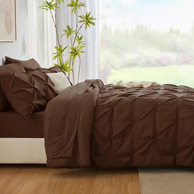 CozyLux Queen Comforter Set Brown, 7 Pieces Pintuck Bed in A Bag, Premium Brown - Image 9