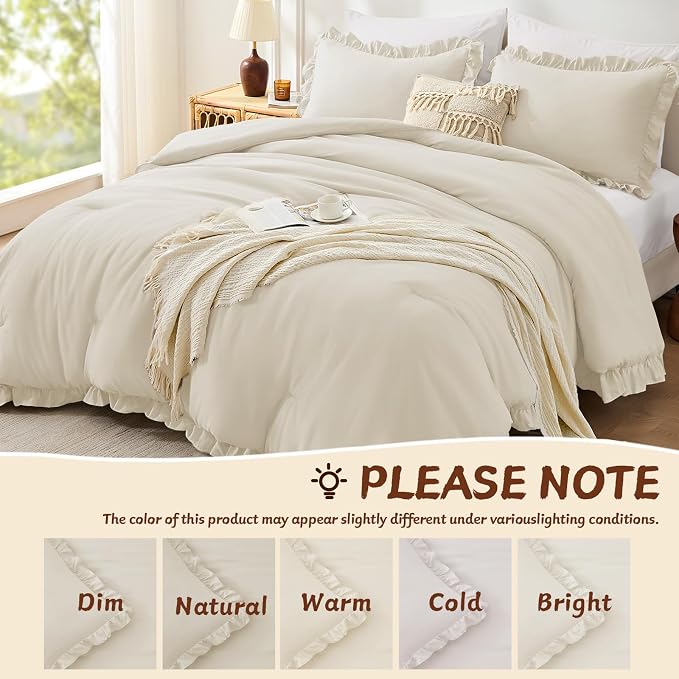FUANNA King Size Comforter Set Cream White, 3 Pieces Ruffle King Bedding Set - Image 7
