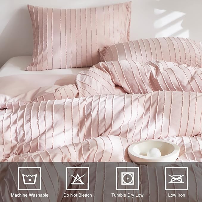 WARMDERN Pink Boho Duvet Cover King Size, Striped Textured Duvet Cover Set - Image 4