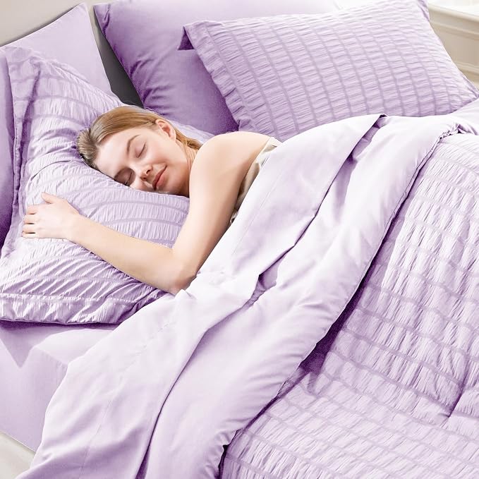 CozyLux Queen Comforter Set Light Purple Seersucker 7 Pieces Bed in a Bag Queen - Image 9