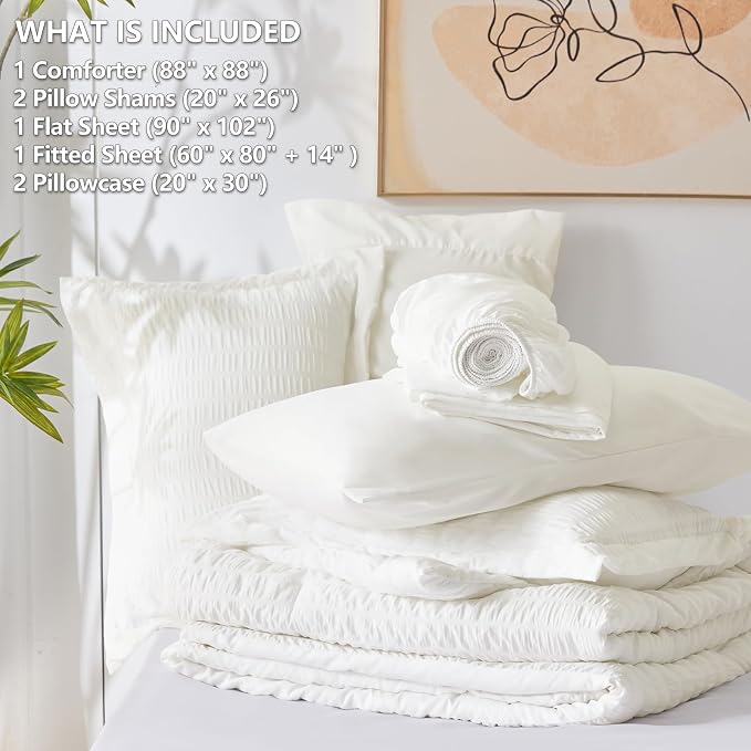 CozyLux Queen Comforter Set Ivory Seersucker 7 Pieces Bed in a Bag Queen - Image 6