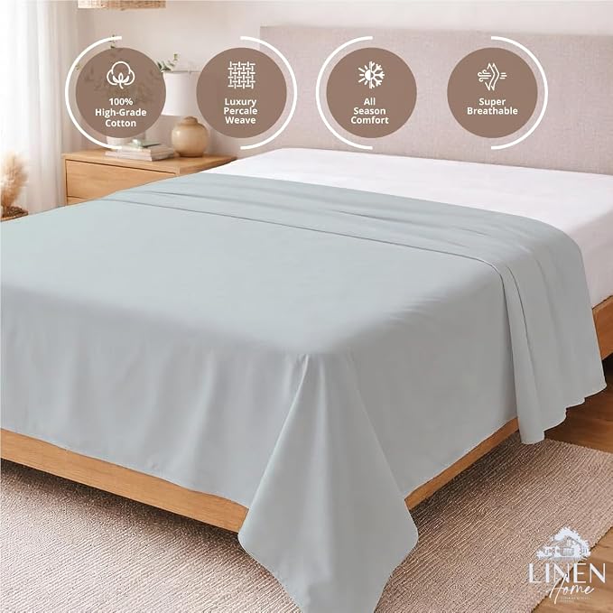 Linen Home 100% Cotton Percale 1 Flat Sheet, King Size - Image 3
